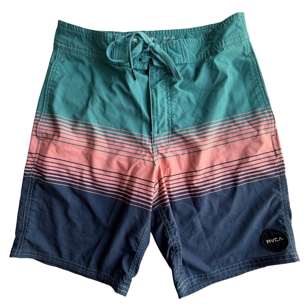 RVCA Mens Board Shorts Size 29 Teal Pink Navy Blue Striped Swim Trunks 9 Inseam